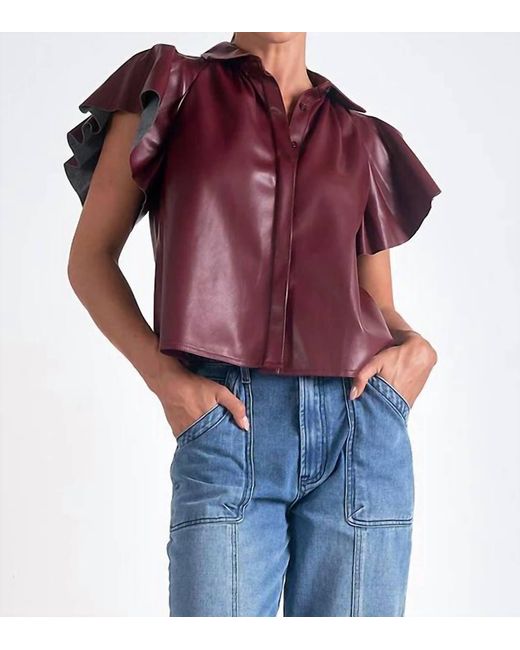 Elan Red Flutter Sleeve Vegan Leather Top