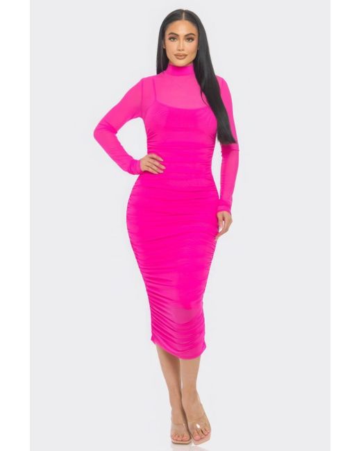Fashnzfab Pink Solid Mesh Ruched Midi Dress