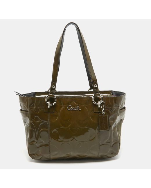 COACH Green Olive Op Art Embossed Patent Leather East West Gallery Tote