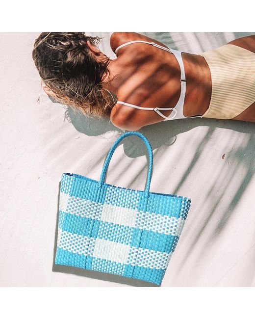 Fashnzfab Blue Basket Weave Checkered Hand Bag Tote Bag