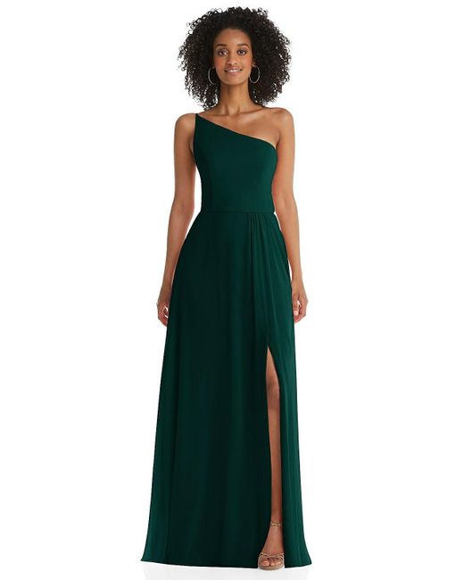 After Six Green One-shoulder Chiffon Maxi Dress With Shirred Front Slit