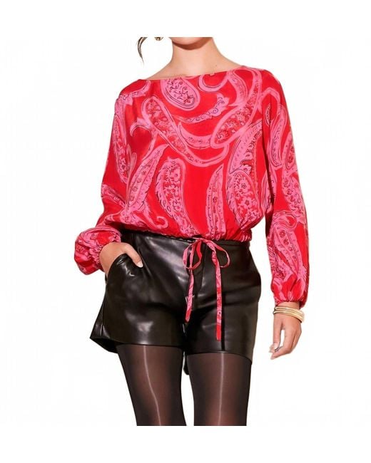 Fifteen Twenty Red Claudine Tie-Waist Paisley Print Top