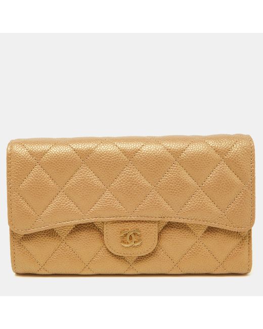 Chanel Natural Gold Quilted Caviar Leather Trifold Wallet for men