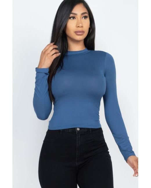 TRUEDAMES Blue Mock Neck Solid Long Sleeve Top