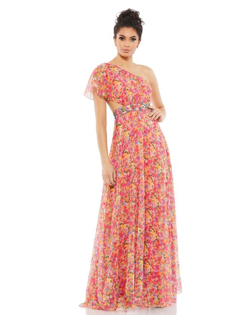 Mac Duggal Red Floral Print One Shoulder Butterfly Sleeve A Line Gown