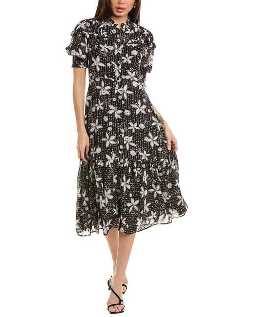 Gracia Black Floral Print Flounce Midi Dress
