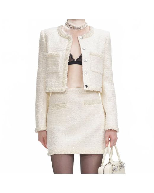 Self-Portrait White Boucle Pearl Trim Mini Skirt