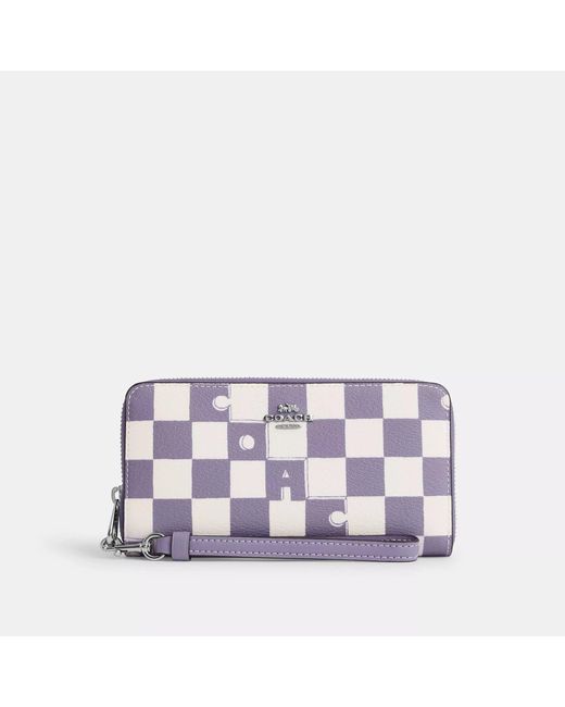 COACH Purple Long Zip Around Wallet With Checkerboard Print