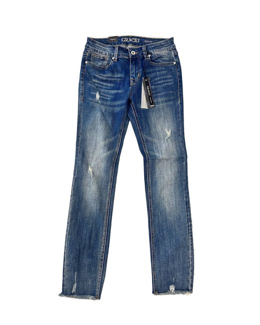 Grace In La Blue Mid-Rise Distressed Denim Straight Leg Jean