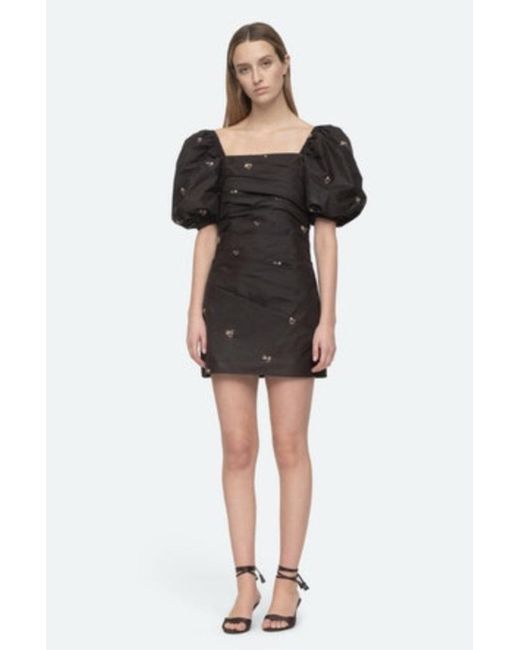 Sea Black Rubina Embroidery S/Slv Polyester Puff Sleeves Draped Dress (D1)