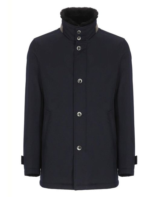Herno Blue Structured Virgin Wool Coat With Plush Fur Collar for men
