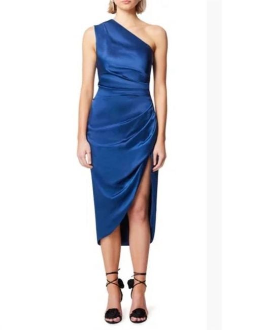 Elliatt Blue Satin Cassini One Shoulder Ruched Cocktail Dress