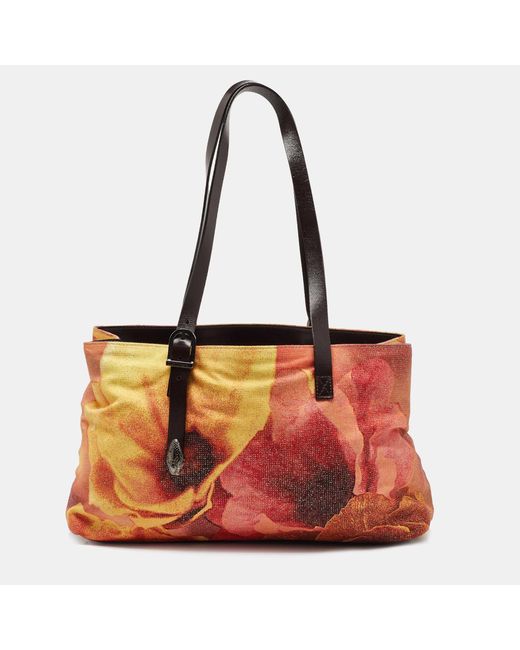 Roberto Cavalli Red Multicolor Floral Print Shimmer Fabric And Leather Tote