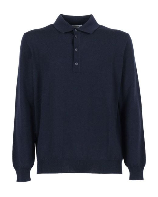 Kangra Cashmere Blue Button Placket Long-Sleeve Wool Polo Shirt for men