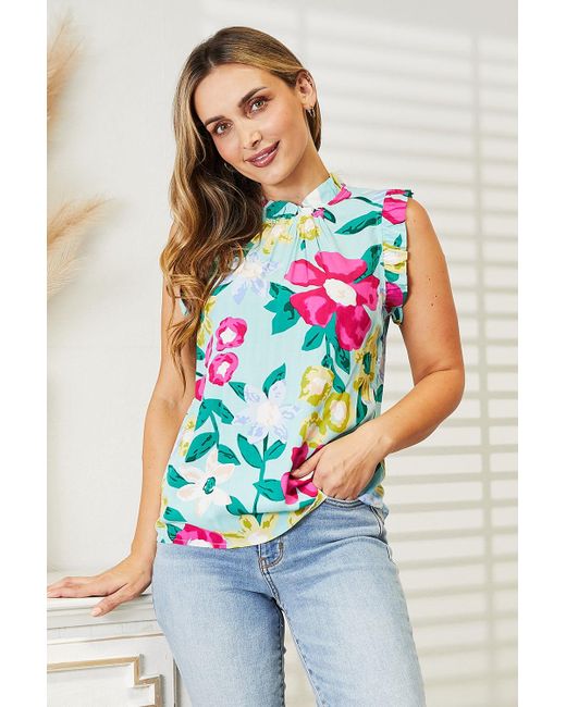 TRUEDAMES White Floral Print Ruffle Shoulder Blouse