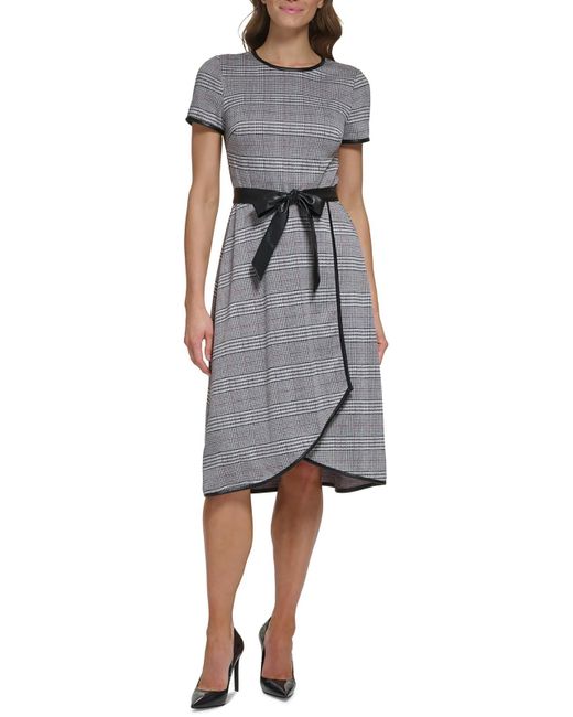 DKNY Gray Plaid Faux Wrap Midi Dress