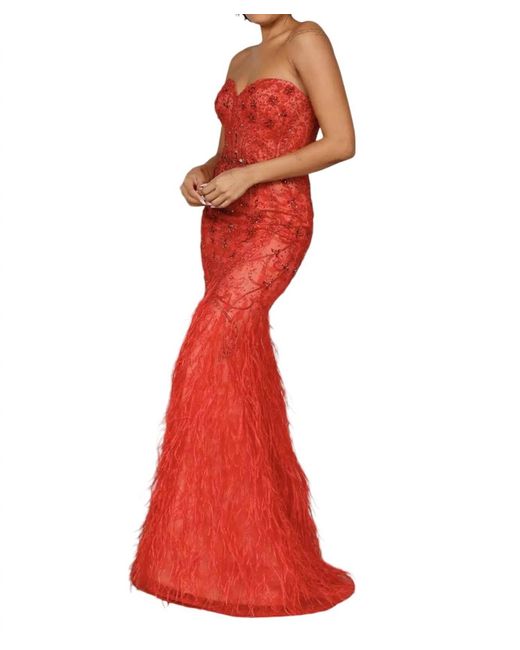 Terani Red Strapless Beaded Tulle Mermaid Gown