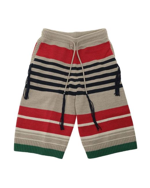 Craig Green Red Knitted Stripe Shorts With Fringe Detailing for men
