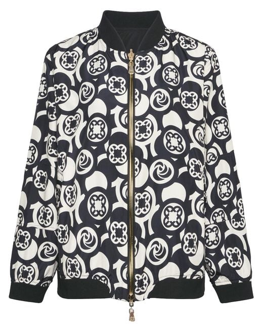 Elena Miro Black Reversible Geometric Pattern Zip Bomber Jacket
