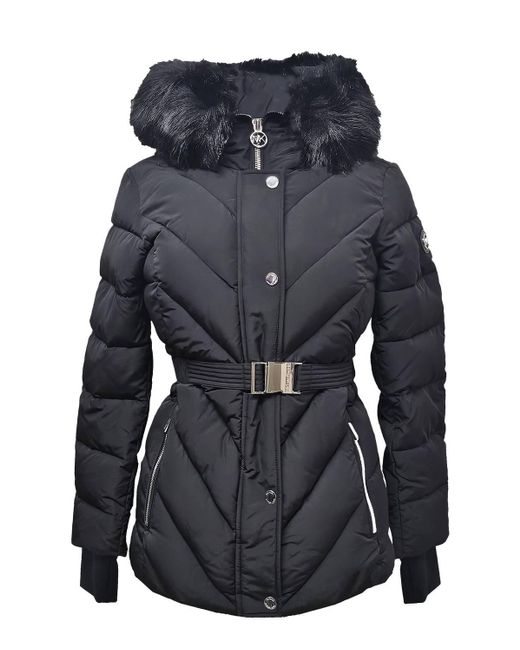 Michael Kors Blue Belted Down Chevron Scutab Stretch Quilted Faux Fur Coat Jacket