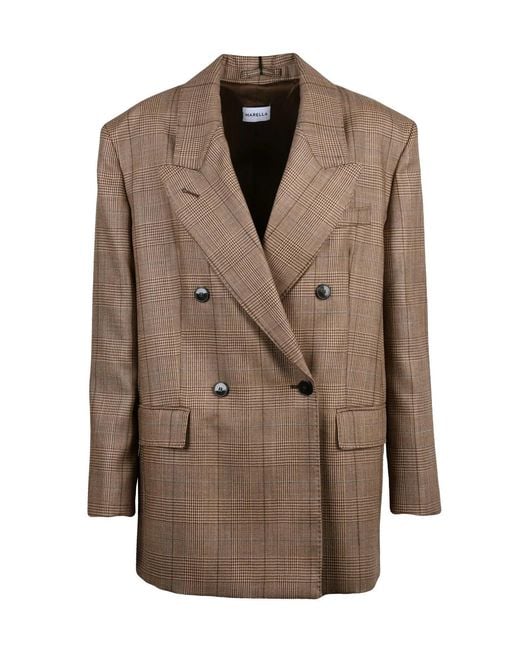 Marella Brown Checkered Double-Breasted Virgin Wool Jacket