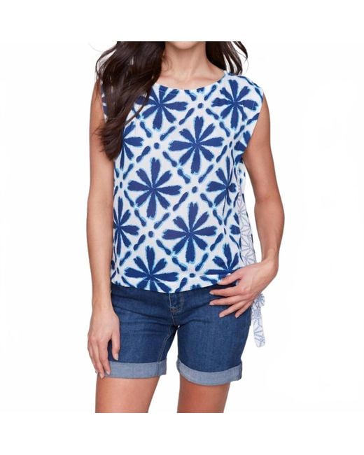Charlie b Blue Printed Sleeveless Crew Neck Top With Cord