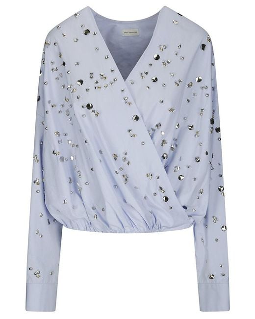 Dries Van Noten Blue Cross Front Cotton Shirt Studded With Studs