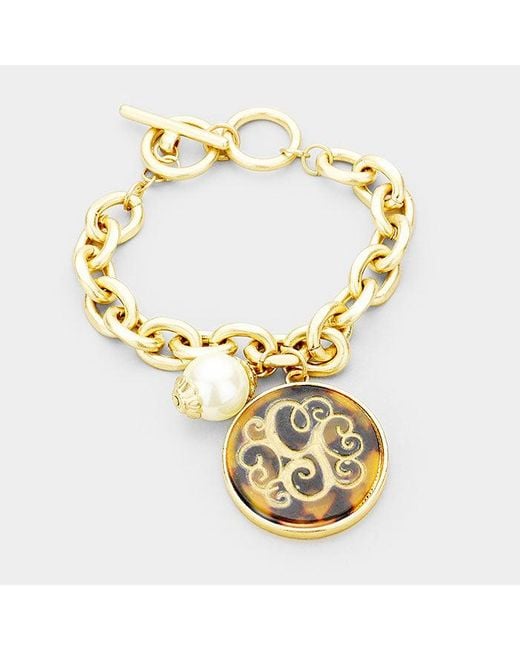 Fashnzfab Metallic G- Initial Monogram Pearl Charm Chain Link Bracelet Tortoise, Worn