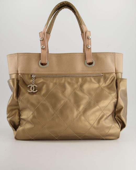 Chanel Natural Vintage Bronze Canvas Shopper Tote Bag With Silver Hardware