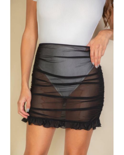 TRUEDAMES Black Ruched Ruffle Trim Mesh Mini Bodycon Skirt