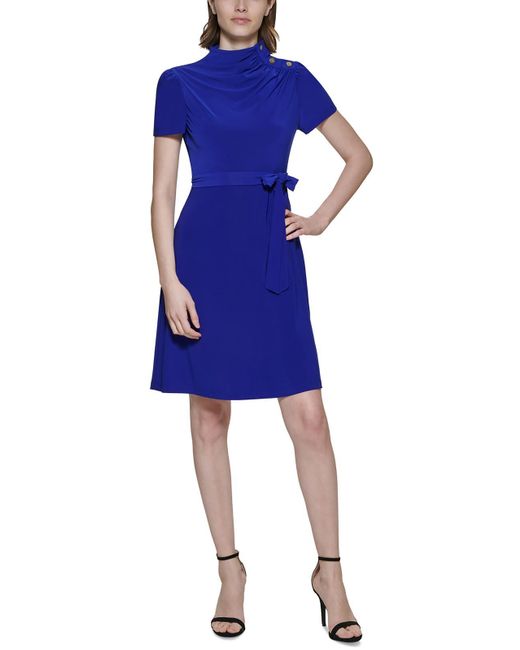 DKNY Blue Mock Neck Polyester Wear To Work Dress