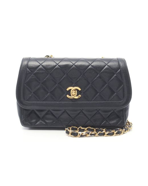 Chanel Gray Matelasse Chain Shoulder Bag Lambskin Dark Navy Gold Hardware Vintage