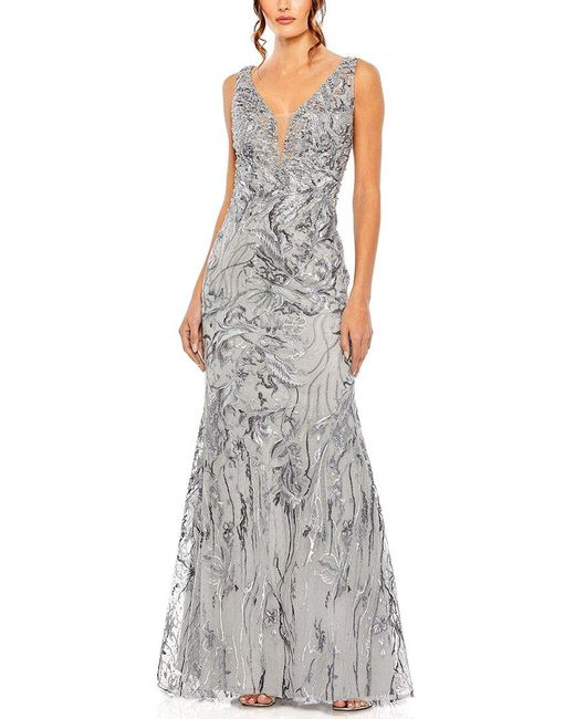 Mac Duggal Gray Sleeveless High Neck Embroidered Gown