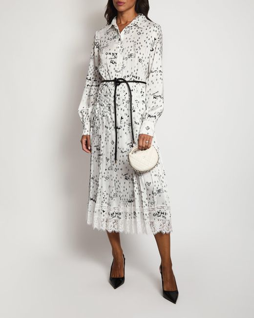 Ermanno Scervino White And Printed Silk Midi Dress With Belt And Lace Details