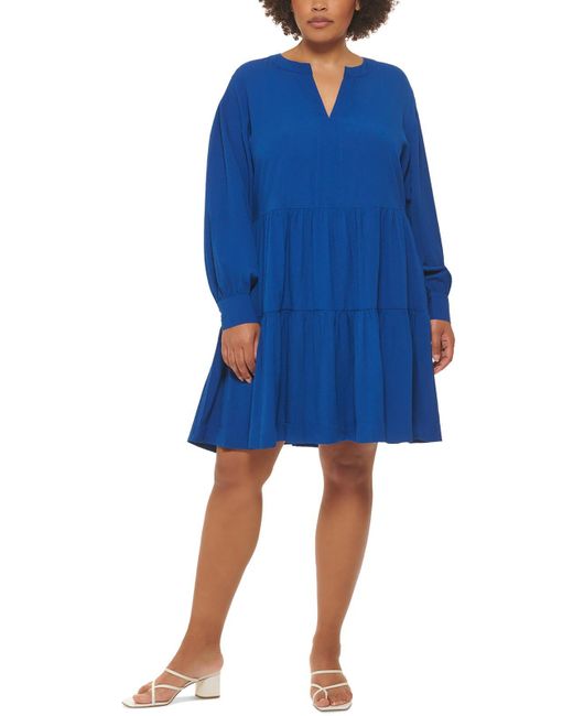 Calvin Klein Blue Plus Tiered Rayon Fit & Flare Dress