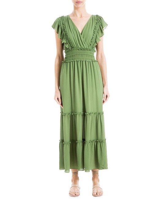 Max Studio Green Crepe Flutter Sleeve V-neck Smocked Maxi Tiered Dress