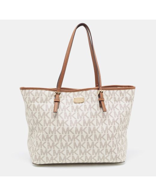 MICHAEL Michael Kors White Michael Michael Brown/offsignature Coated Canvas Large Jet Set Travel Tote