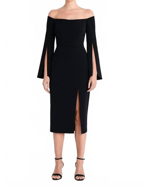 MILLY Black Off The Shoulder Flare Sleeve Midi Dress