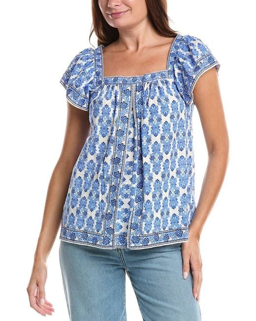 Max Studio Blue Square Neck Flutter Sleeve Blouse
