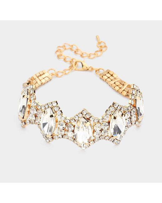 Fashnzfab Metallic Marquise Glass Stone Cluster Link Rhinestone Pave Evening Bracelet