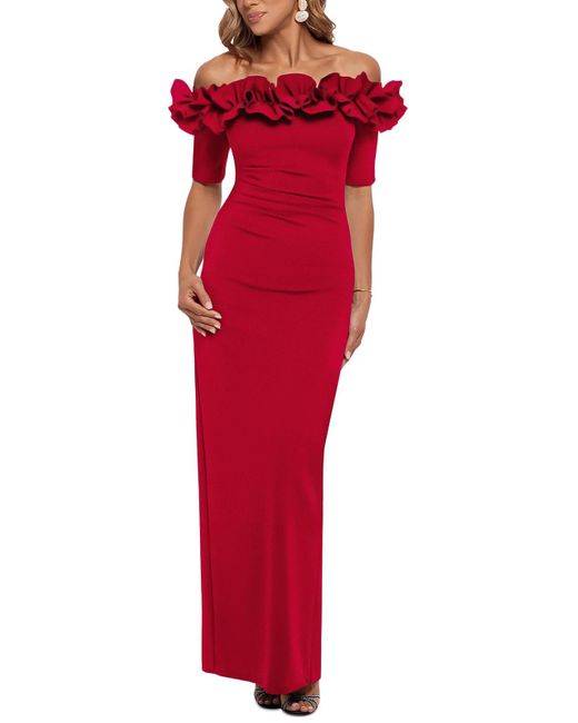 Xscape Red Petites Off-the-shoulder Maxi Evening Dress
