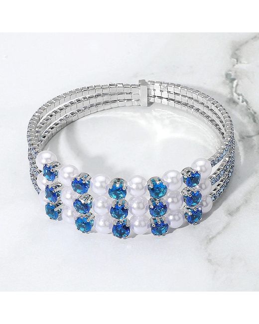 Fashnzfab Blue Pearl Stone Bezel Point Rhinestone Paved Split Adjustable Evening Bracelet Royal
