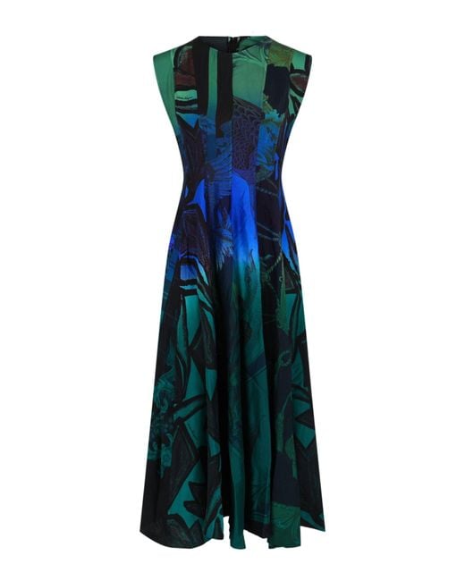 Ferragamo Green Sleeveless Graphic Printed Silk Midi Dress