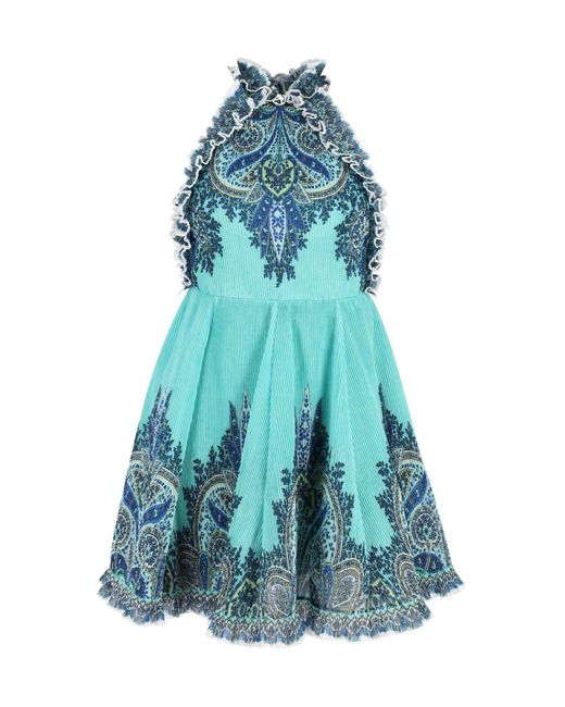 Zimmermann Blue Moncur Ruffle-neck Printed Mini Dress