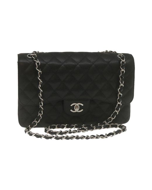 Chanel Black Caviar Skin Chain Double Flap Big Matelasse Shoulderbag Auth 29507a
