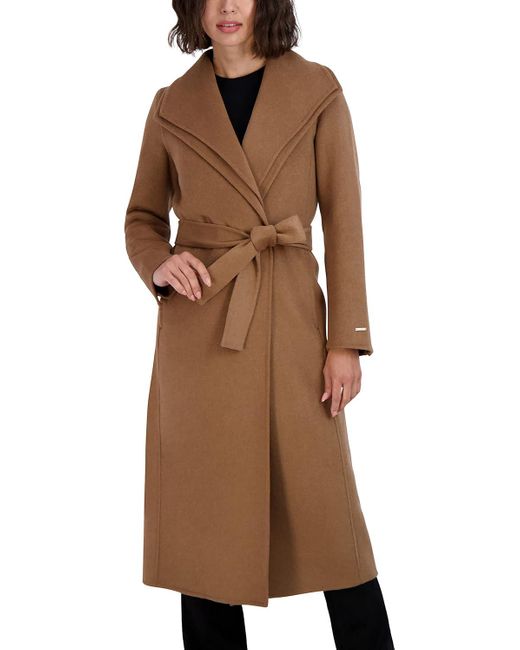 Tahari Brown Maxi Double Face Wool Blend Wrap Coat
