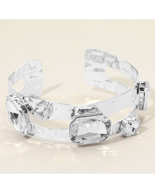 Fashnzfab Metallic Stone Cluster Embellished Split Arm Cuff Bracelet Clear, Rhodium