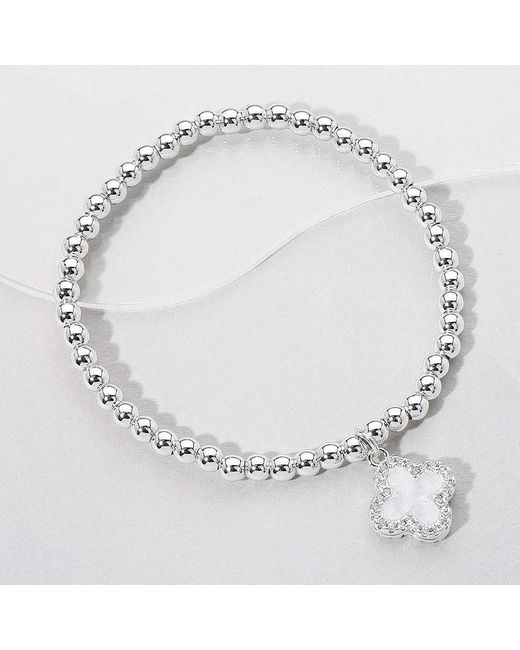 Fashnzfab Metallic Reversible Stainless Steel Quatrefoil Charm Beaded Stretch Bracelet Mother Of Pearl