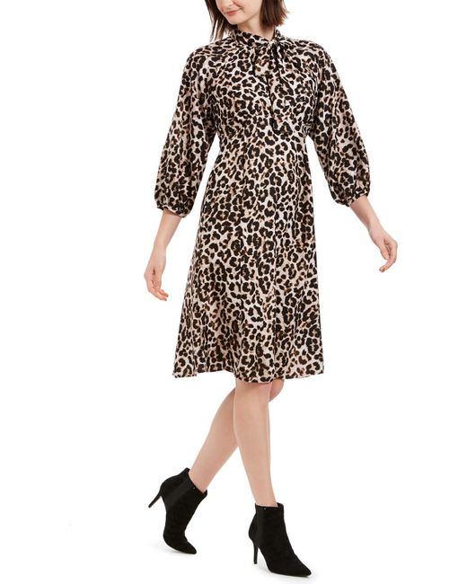 Calvin Klein Multicolor Bishop Sleeve Animal Print Midi Dress
