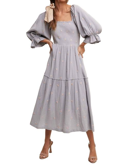 Listicle Ditzy Floral Embroidery Puff Sleeve Maxi Dress In Gray Lyst